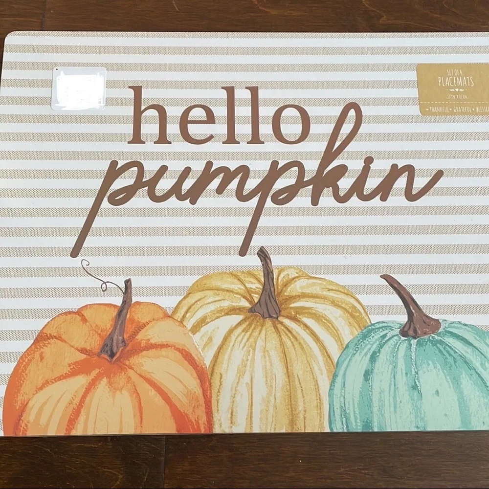 Set of 4 Fall Hello Pumpkin Cork Placemats Thanksgiving Striped